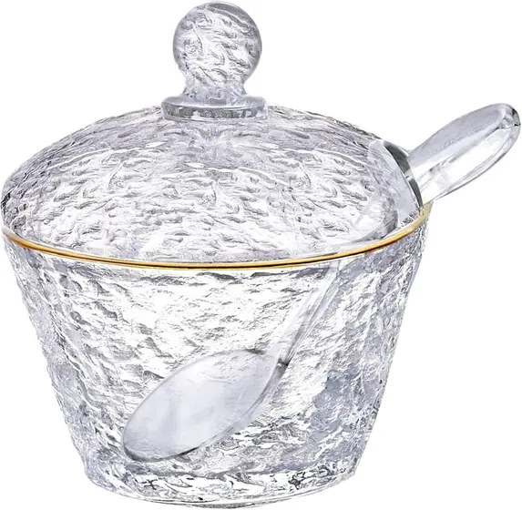 Açucareiro de Cristal com Colher e Tampa com Fio de Ouro Petra 10cm - LYOR