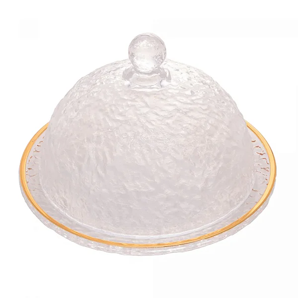 Queijeira de Cristal Martelado com Tampa e Fio de Ouro Petra 19,5cm x 13cm - LYOR