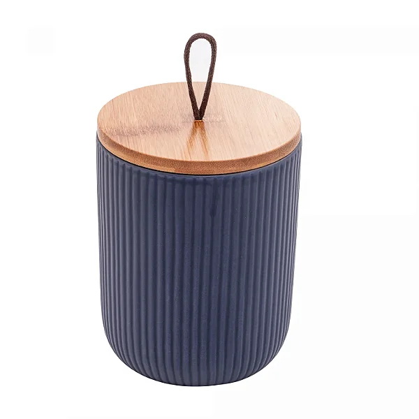 1 Potiche de Cerâmica com Tampa de Bambu e Pegador de Corda Lines Azul Marinho (10cmx12,5cm) - LYOR