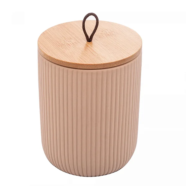 1 Potiche de cerâmica com tampa de bambu e pegador de corda Lines Bege (10cm x 10cm x 12,5cm - LYOR
