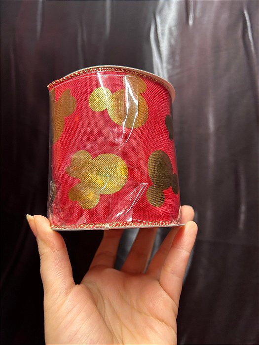 Fita aramada Natalina Mickey Vermelha e Dourada - 10 cm x 4,57 m