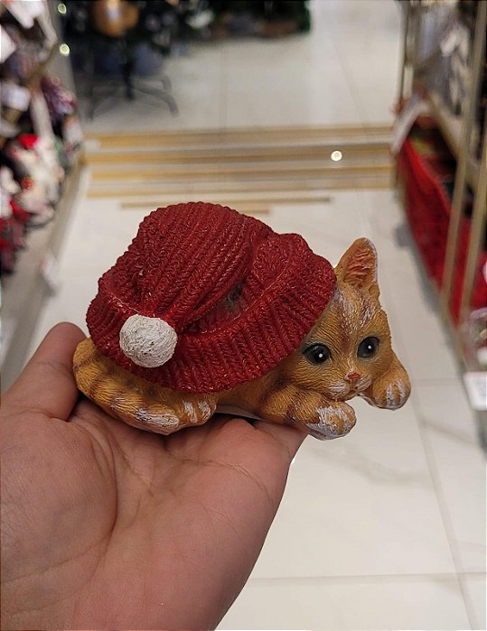 Gatinho Decorativo com Gorro em Poliresina
