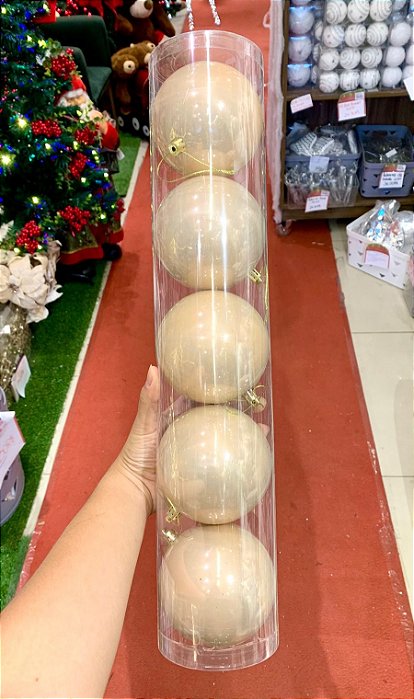 Tubo com 5 Bolas Peroladas Champanhe - 10cm