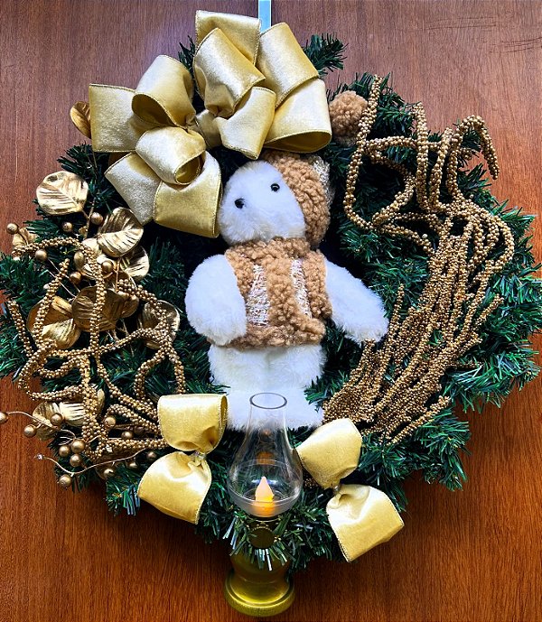 Guirlanda Dourada Natal Urso com Lamparina 50cm