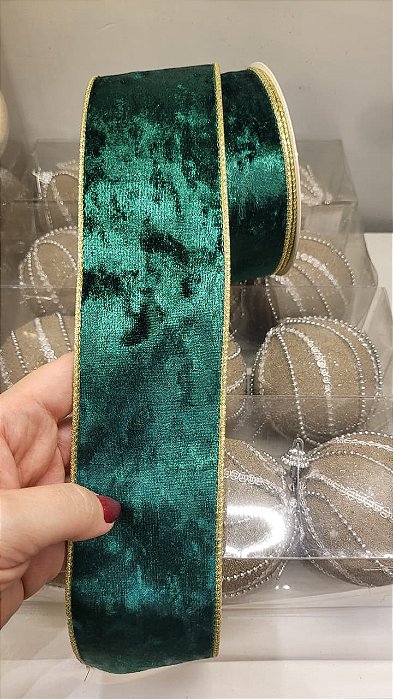 Fita Veluda Verde Escuro com Borda Dourada