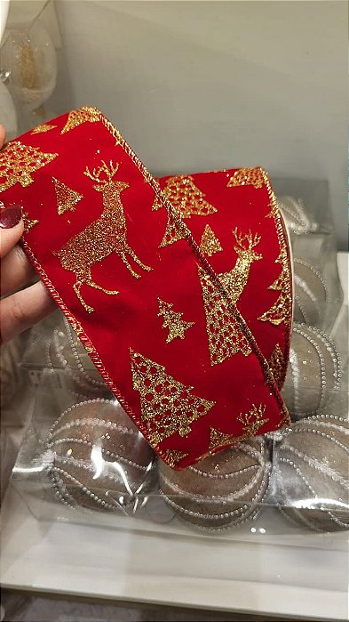 Fita Natalina Vermelha com Dourado 6,3x900cm