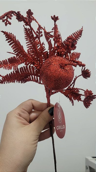Galho Decorativo com Folhas e Maçã Glitter Vermelho 32cm