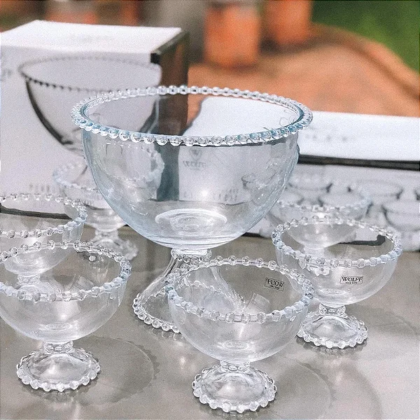 Kit Sobremesa Pearl Saladeira + 6 Taças Cristal