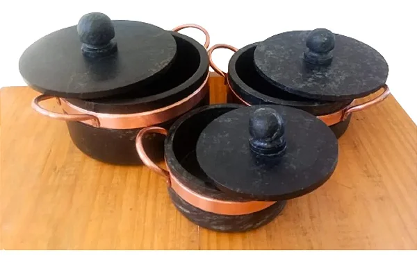 Kit 3 Panelas Curadas Pedra Sabão Mineiras Com Alça Cobre