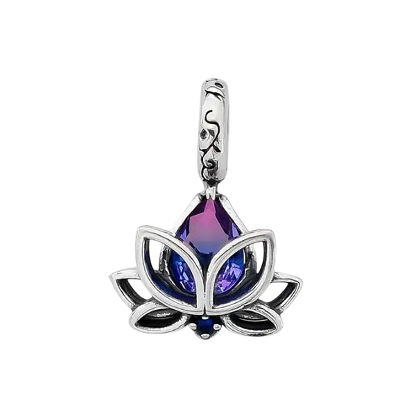 Berloque Pingente Flor de Lotus Zircônia Roxa Degradê Prata 925 Legítima