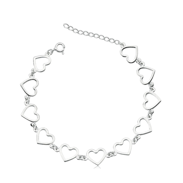 Pulseira Feminina Corações Vazado Prata 925 Legítima