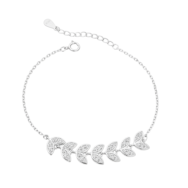 Pulseira Feminina Folhas Cravejada Zircônia Prata 925 Legítima