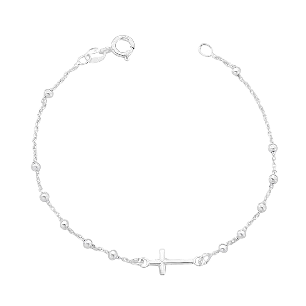 Pulseira Feminina Cruz Com Bolinhas Prata 925 Legítima