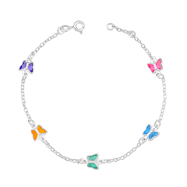 Pulseira 5 Borboletas Coloridas Prata 925 Legítima