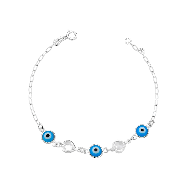 Pulseira Feminina Olho Grego e Coração Zircônia Prata 925 Legítima