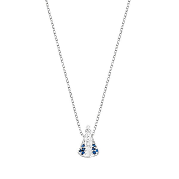 Colar N. S. Aparecida Manto Cravejado Zircônia Azul Prata 925 Legítima