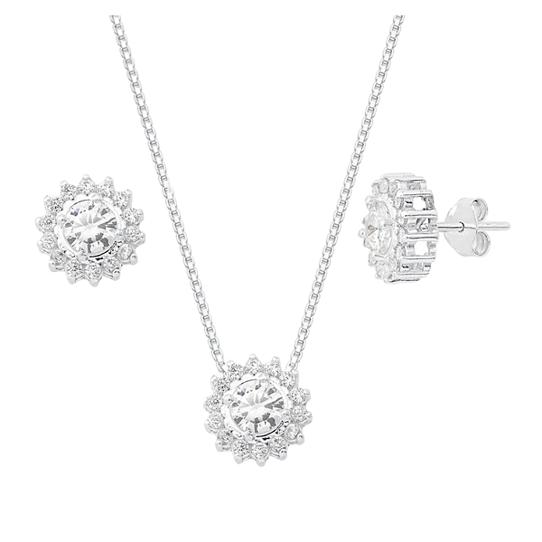 Conjunto Redondo Galeria Zircônia Branca Bordas Cristal Prata 925 Legítima