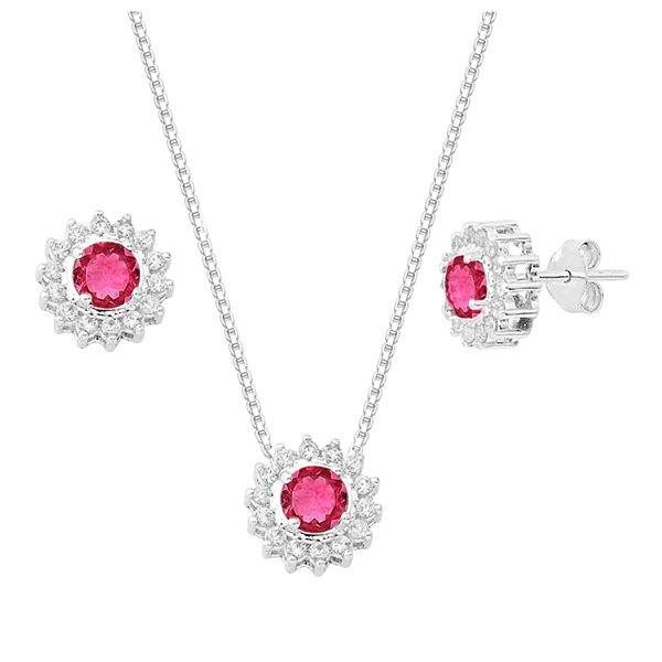 Conjunto Redondo Galeria Zircônia Rosa Bordas Cristal Prata 925 Legítima