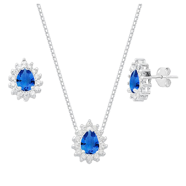 Conjunto Gota Galeria Zircônia Azul Escuro Bordas Cristal Prata 925 Legítima