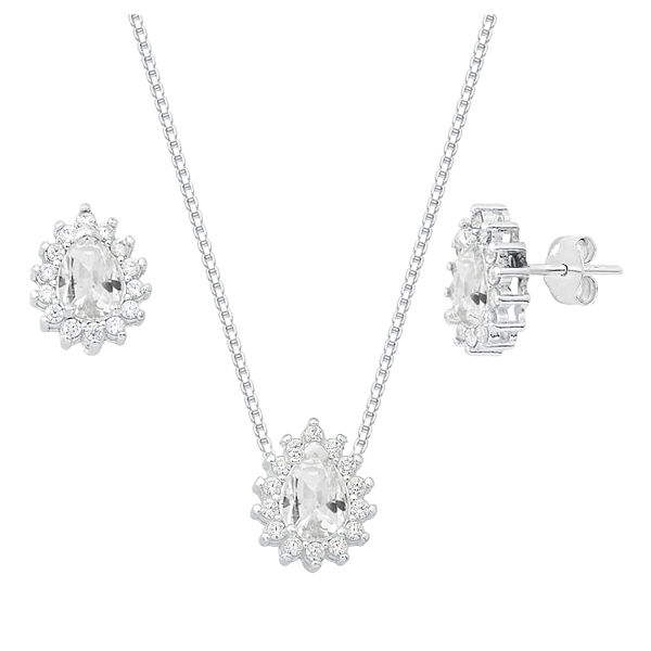 Conjunto Gota Galeria Zircônia Branca Bordas Cristal Prata 925 Legítima