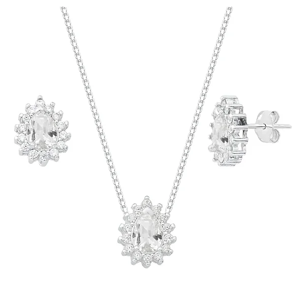 Conjunto Gota Galeria Zircônia Branca Bordas Cristal Prata 925 Legítima