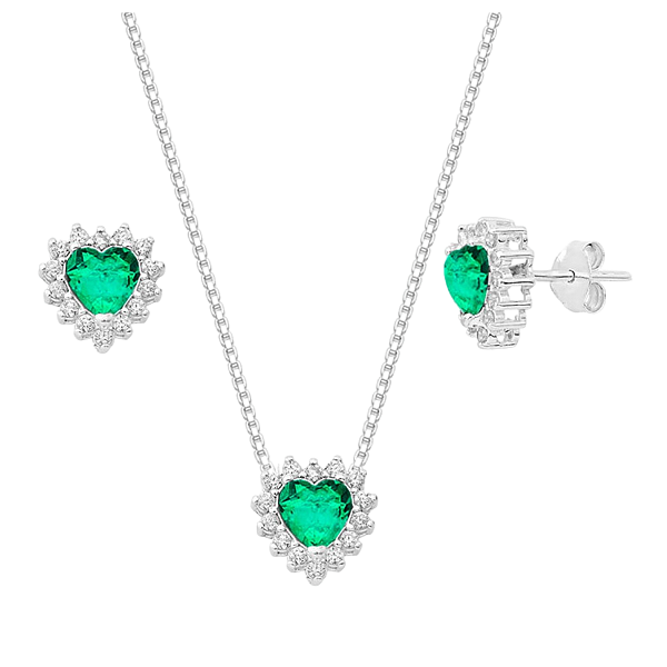 Conjunto Coração Galeria Zircônia Verde Claro Bordas Cristal Prata 925 Legítima