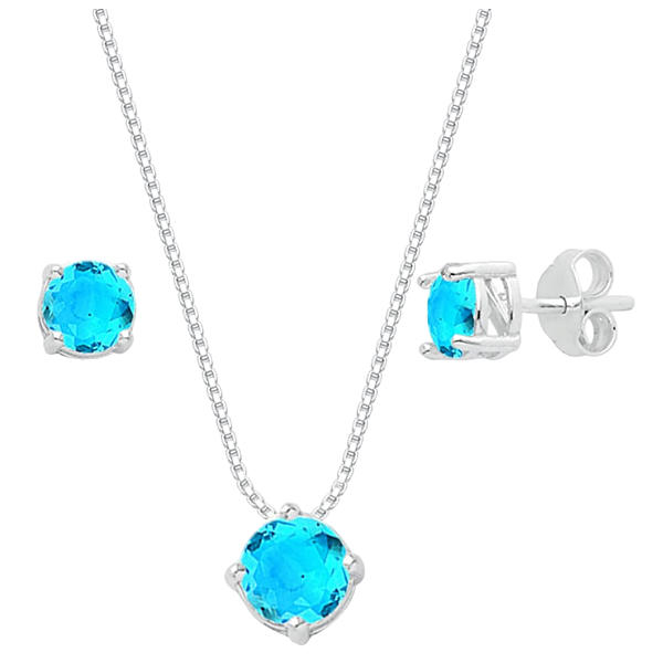 Conjunto Redondo Galeria Zircônia Azul Claro Prata 925 Legítima