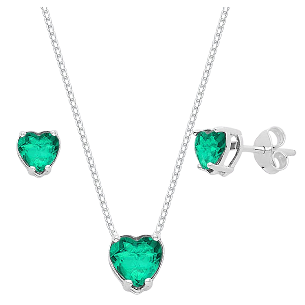 Conjunto Coração Galeria Zircônia Verde Claro Prata 925 Legítima