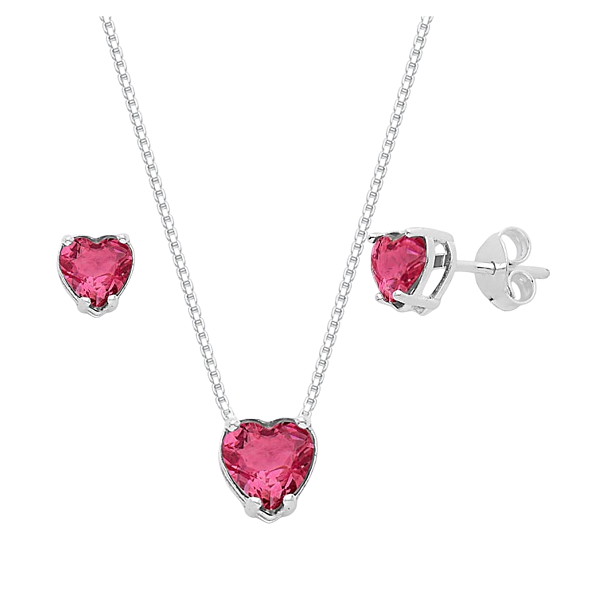Conjunto Coração Galeria Zircônia Rosa Prata 925 Legítima