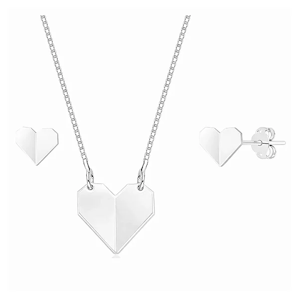 Conjunto Coração Origami Prata 925 Legítima