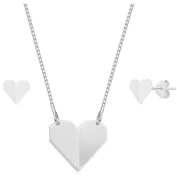 Conjunto Coração Origami Prata 925 Legítima