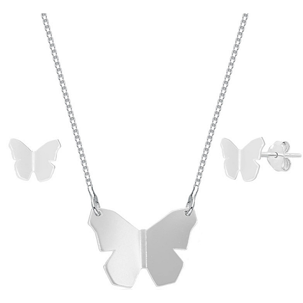 Conjunto Borboleta Origami Prata 925 Legítima
