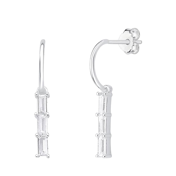 Brinco Meia Argola Pingente Zircônia Branca Prata 925 Legítima