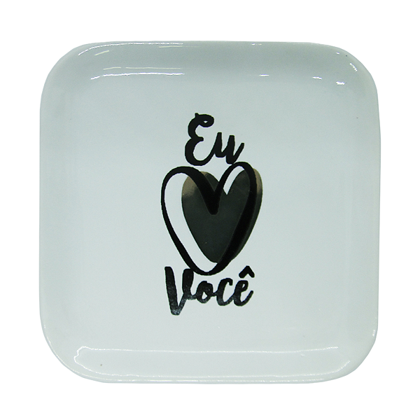 Porta Joia Prato Quadrado Porcelana Eu Amo Você 11,5 x 11,5 cm