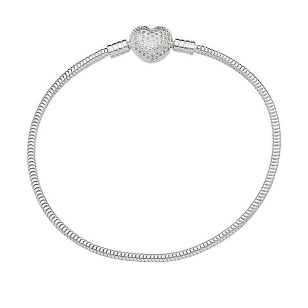 Pulseira Berloque Fecho Coração Com Zircônia Fio 2,4mm Prata 925 Legítima