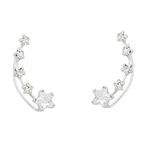 Brinco Ear Cuff Estrelas Zircônia Branca Prata 925 Legítima