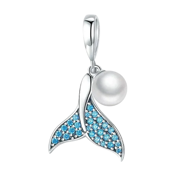 Berloque Pingente Rabo de Sereia Com Pérola Zircônia Azul Prata 925 Legítima