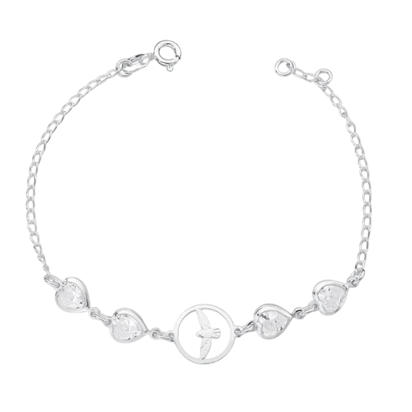 Pulseira Feminina Espírito Santo Coração Zircônia Prata 925 Legítima