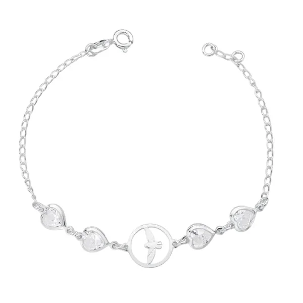 Pulseira Feminina Espírito Santo Coração Zircônia Prata 925 Legítima