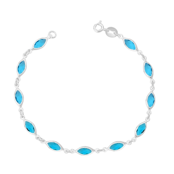 Pulseira Feminina Navete Zircônia Azul Claro Prata 925 Legítima