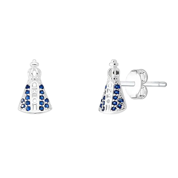 Brinco N.S. Aparecida Cravejado Zircônia Azul Prata 925 Legítima