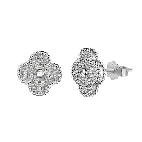 Brinco Trevo Cravejado Zircônia Branca Prata 925 Legítima