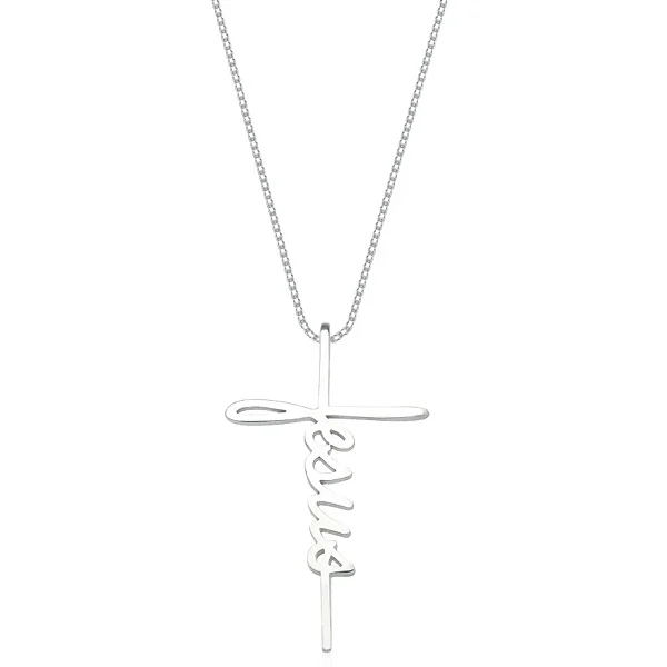 Colar Escrita Jesus Cruz Prata 925 Legítima