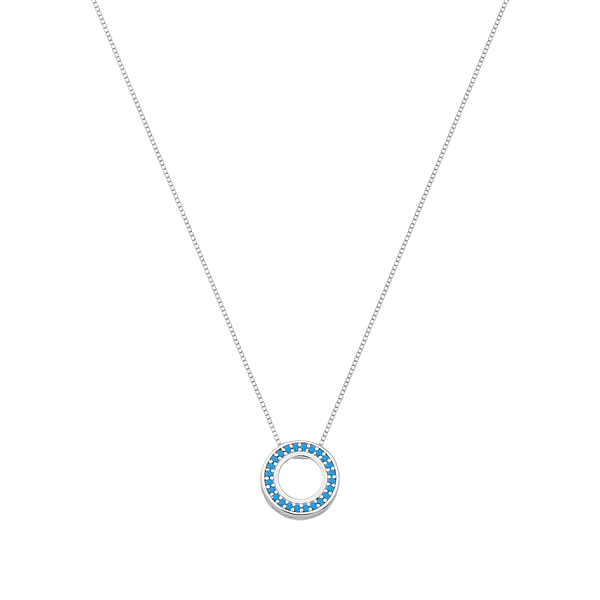 Colar Redondo Vazado Borda Zircônia Turquesa Prata 925 Legítima