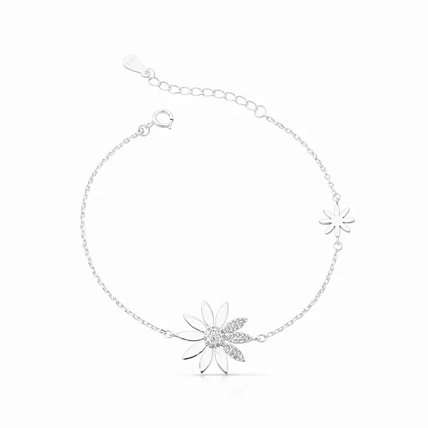 Pulseira Feminina 2 Margaridas Cravejada Zircônia Prata 925 Legítima