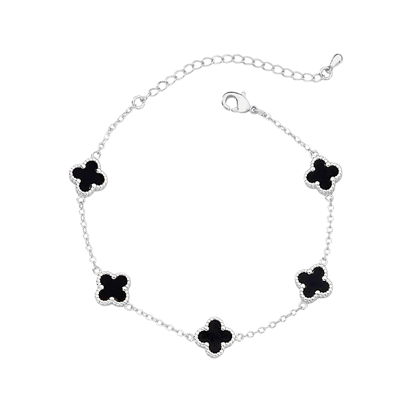 Pulseira Feminina 5 Trevos Onix Prata 925 Legítima