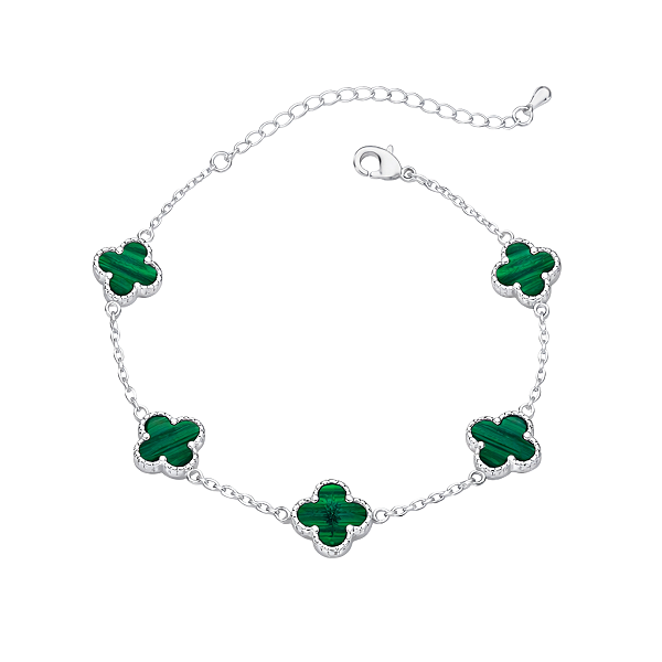Pulseira Feminina 5 Trevos Malaquita Prata 925 Legítima