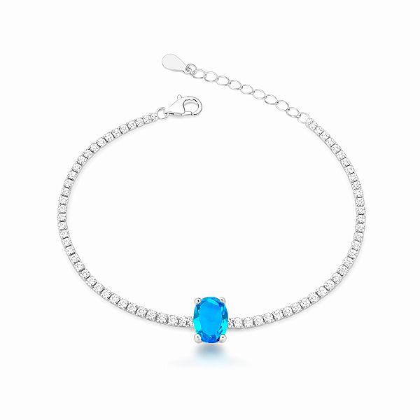 Pulseira Riviera Zircônia Azul Claro Oval Prata 925 Legítima
