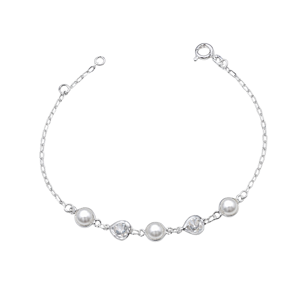 Pulseira Feminina Coração Zircônia e Pérolas Prata 925 Legítima