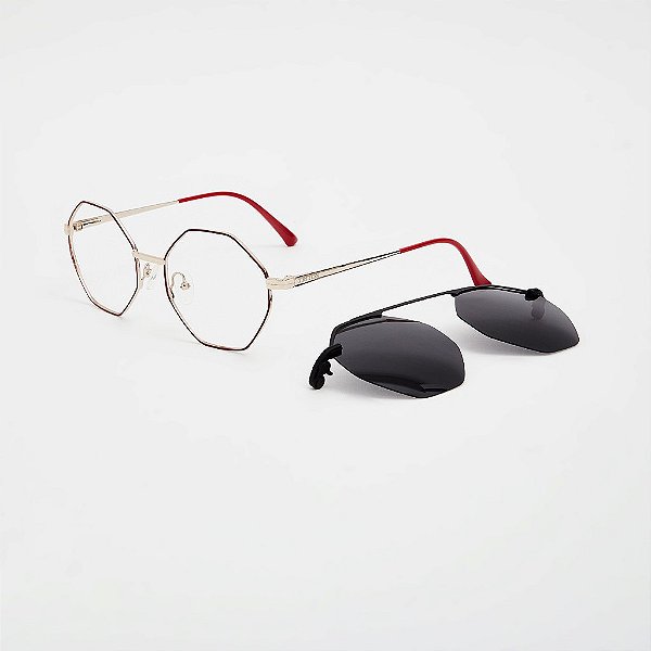 ÓCULOS DE GRAU CLIP-ON TRITON EYEWEAR HEXAGONAL METAL DOURADO COM VERMELHO